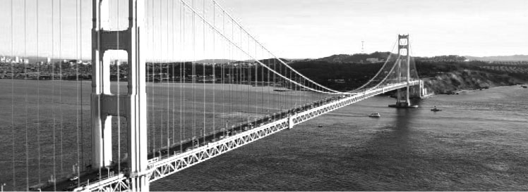 Black and White image of aerial view of Golden Gate Bridge and San Francisco Bay