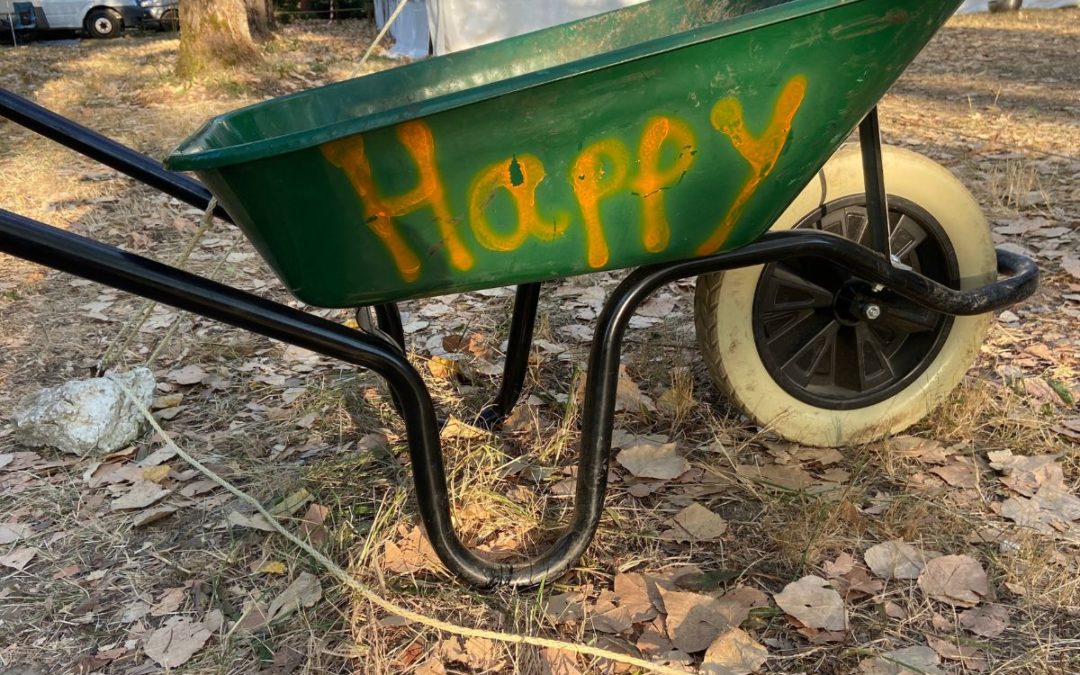 wheelbarrow with Happy written on the side